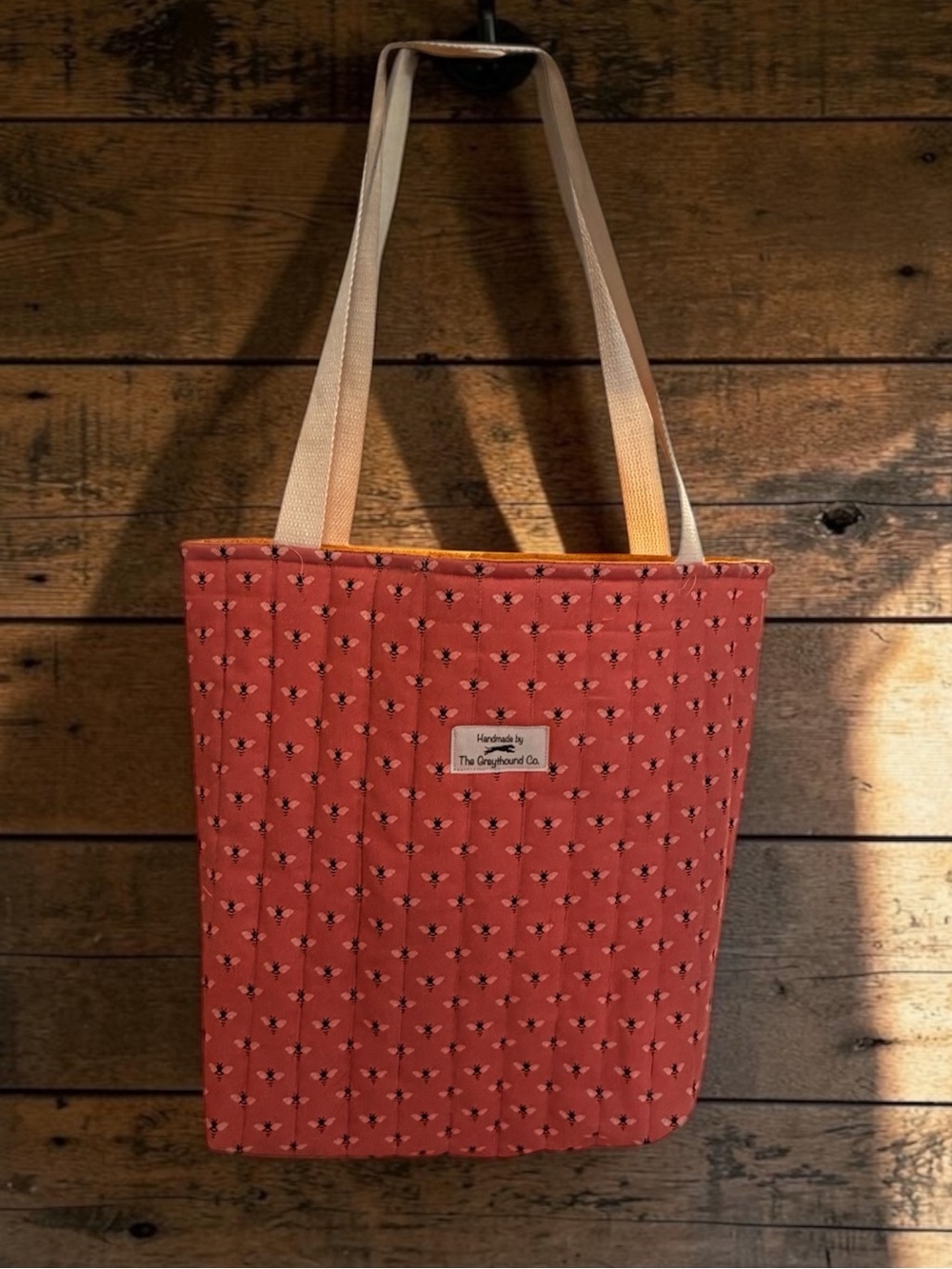 Handmade Coral Busy Bee Quilted Tote with Cream Straps